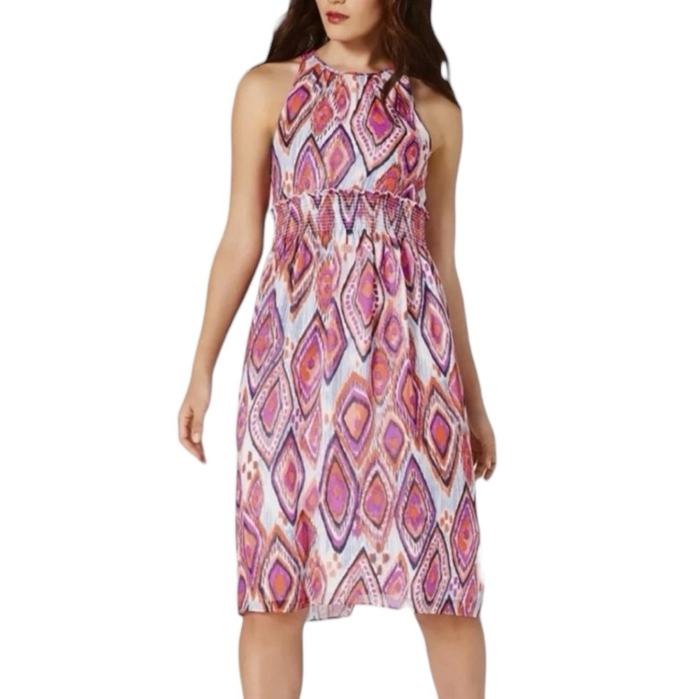TRINA TURK A-Line Dress Multicolor Chiffon Smocked Empire Waist Size 8 Lined NWT